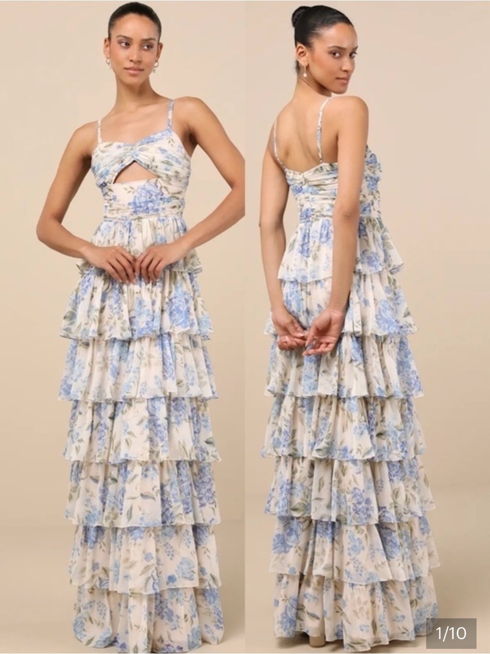 NWT Lulu’s Arata Beige and Blue Floral Cutout Tiered Maxi Dress